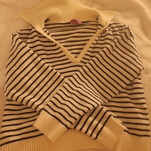 Edikted Navy and Cream Striped V-Neck Sweater